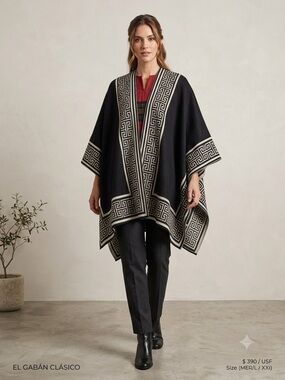 Hand Crafted Black and Cream Geometric Poncho